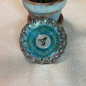 Handcrafted decorative Hummingbird Blue and Brown Ceramic Dish